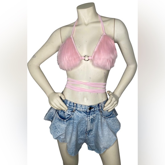 C.BRIDGETT Pink Faux Fur Triangle Criss Cross Festival Halter Crop Bikini Top, M - Picture 2 of 9